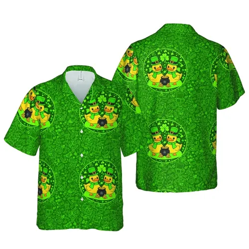 St. Patrick's Day: Chibi Yellow Duck Leprechaun Gold Shamrock Mosaic Fabric Pattern Short-sleeve Hawaiian Shirt