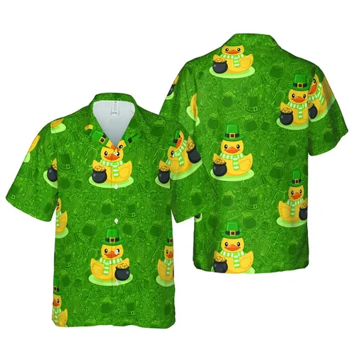 Leprechaun Duck Hawaiian Shamrocks Pattern St. Patrick's Day Gold Coin Celtic Harp Design Short-sleeve Hawaiian Shirt