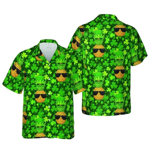 St. Patrick's Day Hawaiian Stylized Pineapple Sunglasses Leprechaun Hat Shamrocks Short-sleeve Hawaiian Shirt