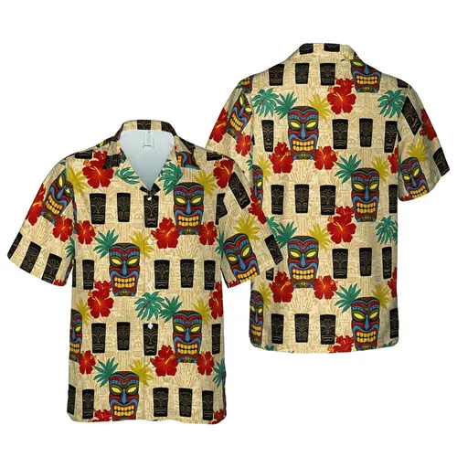 Polynesian Carved Tiki Masks Hawaiian Leaf Tropical Tribal Sublimation Print Short-sleeve Hawaiian Shirt