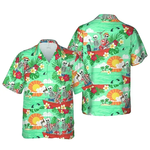 Five Skeletons Rowboat Party Hawaiian: Guitar, Drumsticks, Sharks, Palm Islands Short-sleeve Hawaiian Shirt