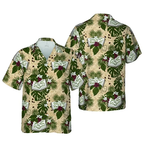 Olive Green Coffee Plant Book Design with Monstera Palm Wood Grain Pattern Short-sleeve Hawaiian Shirt