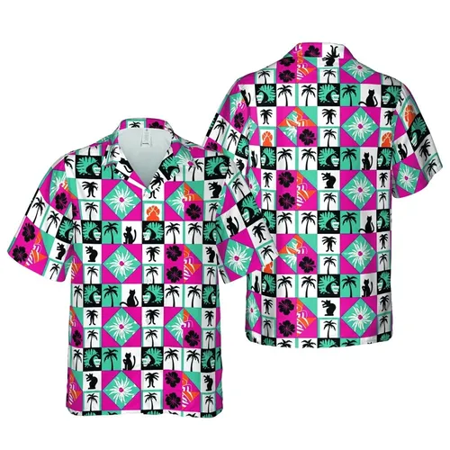 Cat Lover Coffee Fan: Black Cat Coffee Palm Tree Geometric Patchwork Tropical Textile Print Short-sleeve Hawaiian Shirt