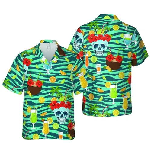 Skull Cocktail & Coconut Shell Beverage Design with Palm Tree Hibiscus Teal Stripes Short-sleeve Hawaiian Shirt