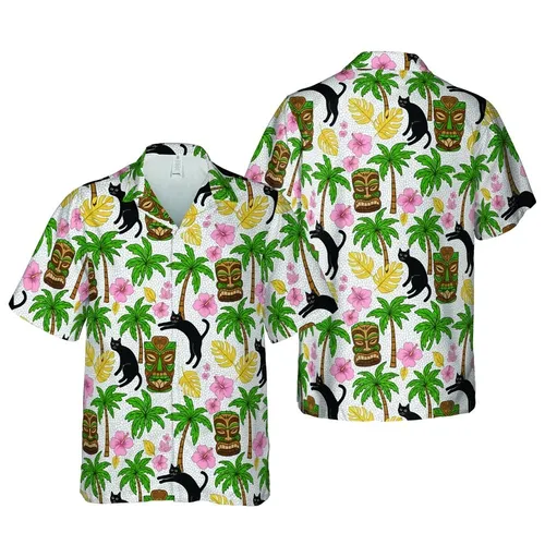 Cat Lover Hawaiian Black Cat Tiki Palm Hibiscus White Mosaic Sublimation Design Short-sleeve Hawaiian Shirt