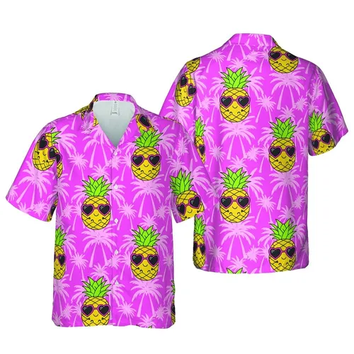 Pineapple Pink Heart Sunglasses Hawaiian Palm Tree Botanical Pattern Short-sleeve Hawaiian Shirt