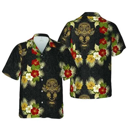 Polynesian Tiki Masks Tribal Geometric Hawaiian Hibiscus Palm Black Golden Cream Short-sleeve Hawaiian Shirt