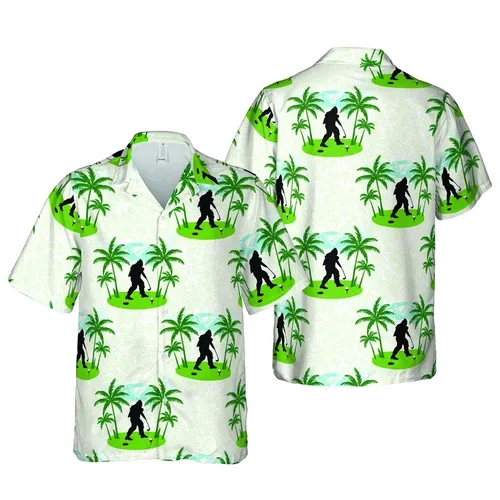 Bigfoot Golfer Hawaiian Tropical Pattern: Black Silhouette Golf Course Palm Leaf Design Short-sleeve Hawaiian Shirt