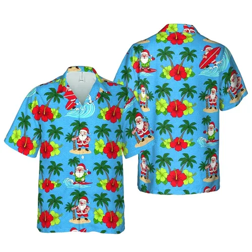 Santa Claus Surfing Tropical Island Poses Red Hibiscus Palm Blue Mosaic Short-sleeve Hawaiian Shirt