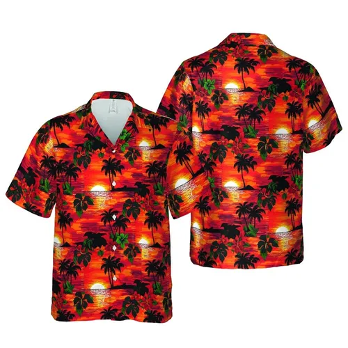 Tropical Island Palm Tree Setting Sun Ocean Water Hibiscus Green Foliage Pattern Short-sleeve Hawaiian Shirt