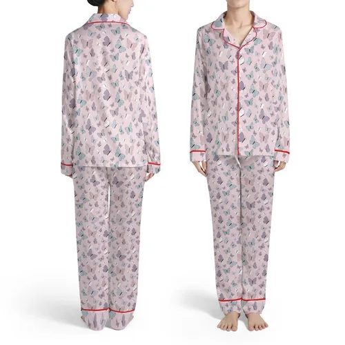 Women's Intricate Pastel Pink Illustrative Butterfly Scatter with Blue, Lavender, Grey, Mauve Accents Satin Pajamas Set