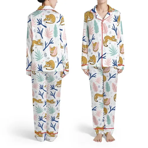 Animal Lovers' Playful Golden Yellow Leopard Pastel Pink & Deep Royal Blue Botanical Pattern Satin Pajamas Set