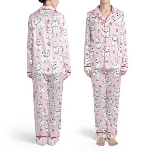 Cat Lovers' Adorable Plump Pastel Pink Cartoon Cats Strawberry Bow Pattern Satin Pajamas Set