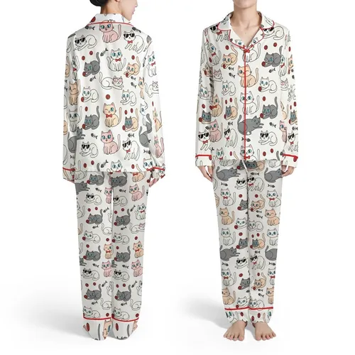 Cat Lovers' Whimsical Flat Cartoon Cats Seamless Pattern with Red Bow Ties, Pink Sunglasses, Yarn Balls, Off-White, Pink, Grey Hues Satin Pajamas Set