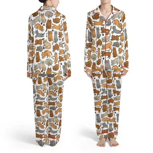 Cat Lovers' Whimsical Hand-Drawn Cartoon Cats Seamless Pattern: Ginger Orange, Caramel, Grey on Bright White Satin Pajamas Set