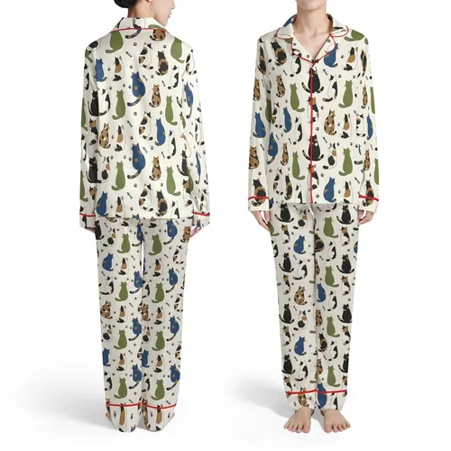 Cat Lovers' Whimsical Hand-Drawn Cats Light Cream Muted Blue Green Black Scattered Feline Pattern Satin Pajamas Set