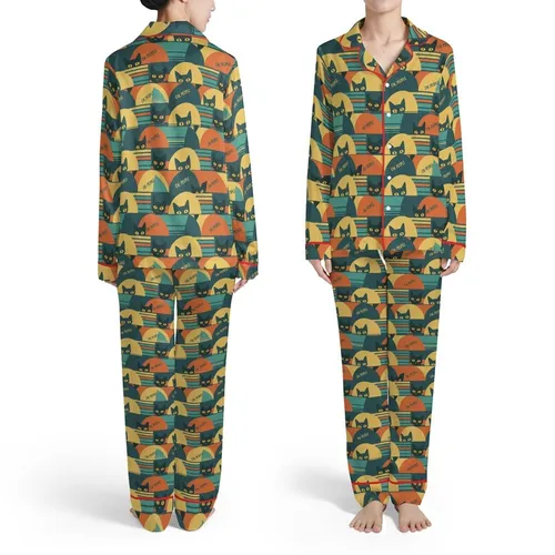 Cat Lovers' Retro Grunge Black Cats Yellow Eyes Distressed Teal Orange Stripes Semi-Circles Pattern Satin Pajamas Set