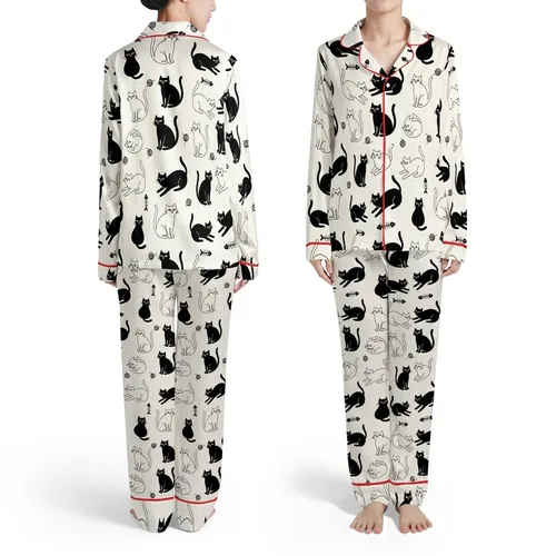 Cat Lovers' Whimsical Black Cat Silhouette & Outline Seamless Pattern with Yarn Balls on Creamy Off-White Satin Pajamas Set