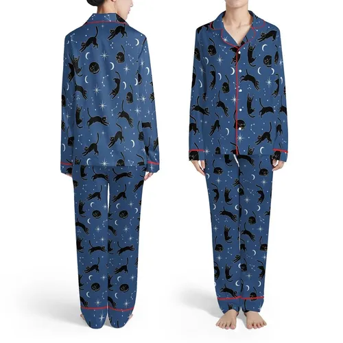 Black Cats: Deep Cerulean, White Outlines, Falling Pouncing Curled, Moons & Starbursts Satin Pajamas Set