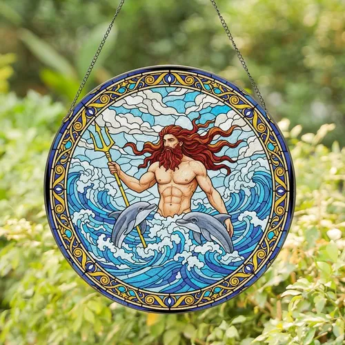 Mythology & Ocean Enthusiasts' Tiffany Stained Glass Sea God, Golden Trident, Dolphins, Vibrant Blue Waves Stained Glass Suncatcher