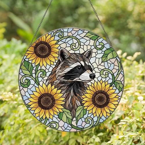 Nature Lovers' Intricate Stained Glass Raccoon Bust & Sunflower Mosaic Dappled Pastel Art Stained Glass Suncatcher