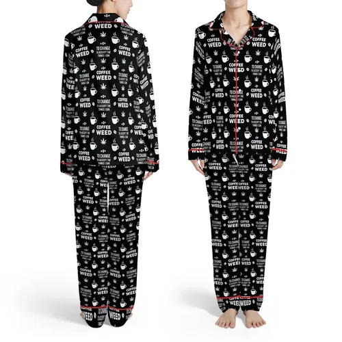 Mindful Lifestyle: Coffee Weed Acceptance Change Pattern - White On Black Wearable Graphic Satin Pajamas Set