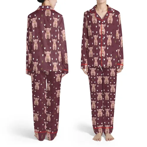 Highland Cow Enthusiast: Pink Fluffy Mug, Hearts, Pine Cones & Berries Garment Satin Pajamas Set
