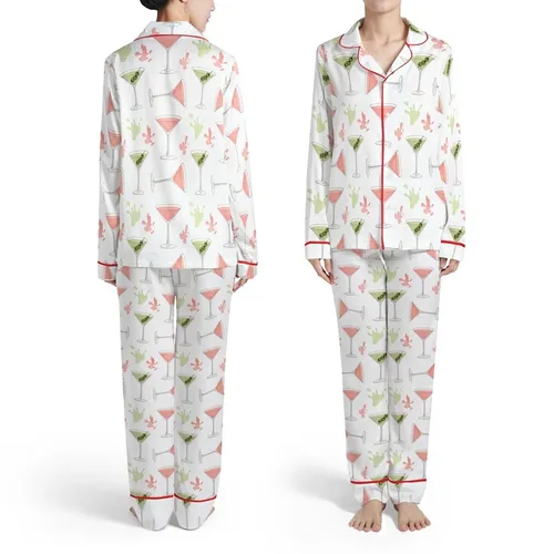 Martini Lover's Watercolor Olive & Coral Martini Glass Scatter Wearable Item Satin Pajamas Set