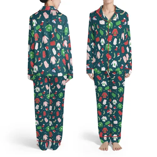 Deep Teal Christmas Polka Dot Pajamas Socks Santa Hats Snowflakes Star Lights Pattern Satin Pajamas Set