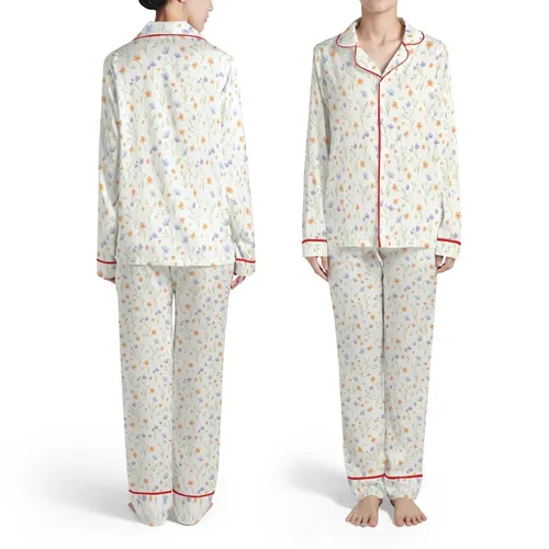 Wildflower Stems Botanical Sprigs - Hand-Drawn Lavender Blue Peach Orange Design Satin Pajamas Set