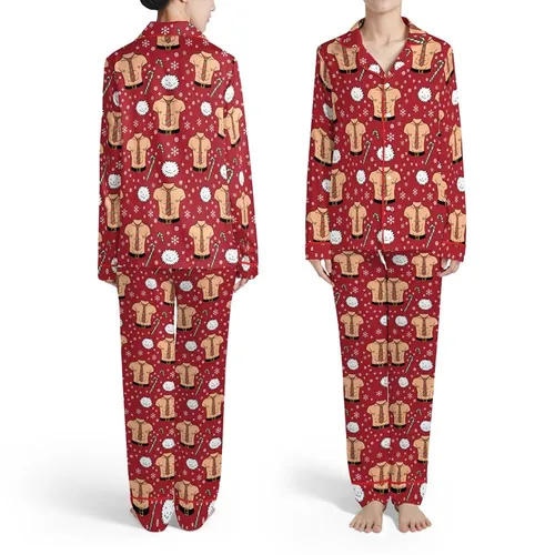 Christmas Red Snowflakes Muscular Torso Peach Tan Skin Red Tie Gold Buckle Print Satin Pajamas Set