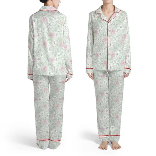 Wedding Party Intertwined Roses Lilies Script Love Forever Sage Green White Pink Satin Pajamas Set