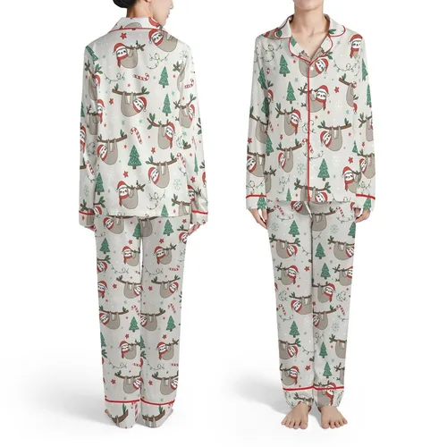Sloth Lovers Cartoon Hanging Sloth Red Hat Scarf Xmas Tree Snowflake Cane Pattern Satin Pajamas Set