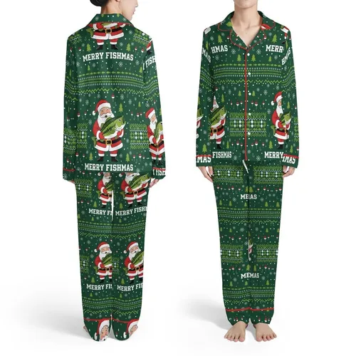 Santa Claus Bass Fish 'MERRY FISHMAS' Design - Dark Forest Green Snowflakes & Fish Hooks Pattern Satin Pajamas Set
