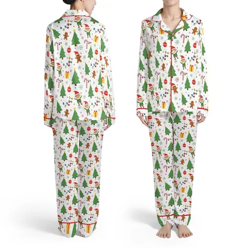 Christmas Tree Star Candy Cane Light Bulb Gift Gingerbread Elf Ornament Snowflake Design Satin Pajamas Set