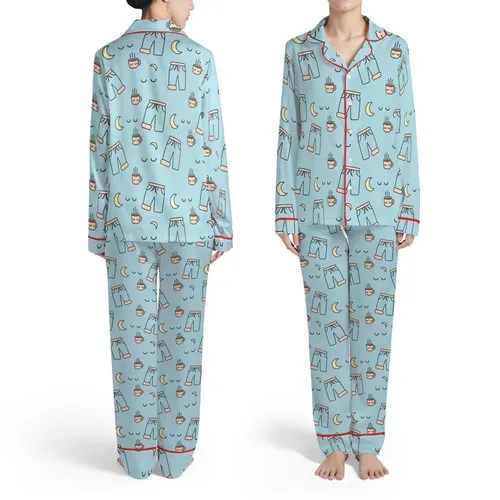Light Blue Pajama Bottoms with Peach Cuffs, Dark Grey Sleepy Eyes, Moon & Hot Cocoa Mugs Satin Pajamas Set