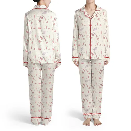 Women's Pale Cream Champagne Glass Sleep Mask Star Light Pink Lavender Line Art Pattern Satin Pajamas Set