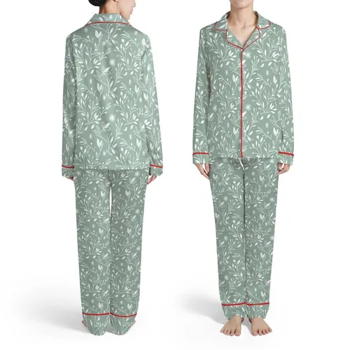 Seamless Botanical Pattern: Flat White Stylized Leaves Stems Blossoms Sage Green Satin Pajamas Set