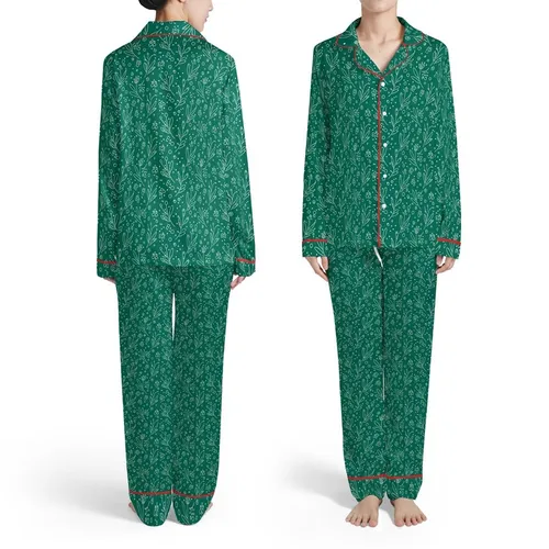 Emerald Green Background Stylized White Leaf Tiny Abstract Floral Repeating Textile Pattern Satin Pajamas Set