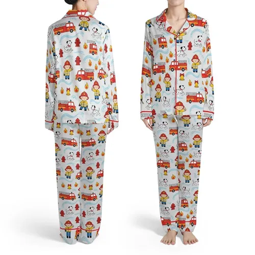 Kids Cartoon Firefighter Fire Truck Dalmatian Dog Flame Water Hydrant Bell Light Grey Satin Pajamas Set