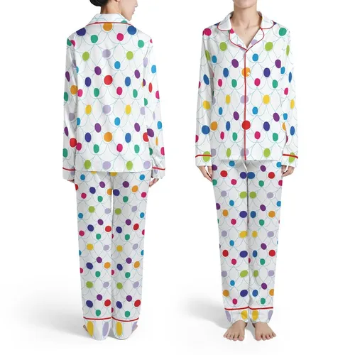 Clean Hand-Drawn White Background Multi-Color Circles Ovals Scallop Pattern Design Satin Pajamas Set