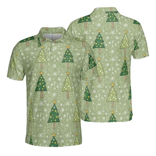 Olive Forest Green Repeating Christmas Tree Pattern - Snowflake Star Fir Tile Design Men's Polo Shirt (Lightweight)
