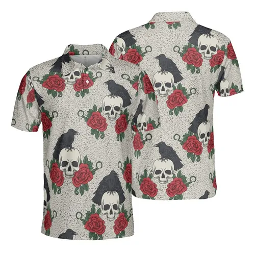 Stylized Skull Raven Design, Deep Red Roses & Dark Green Thorny Leaves, Beige Textile Pattern Men's Polo Shirt (Lightweight)