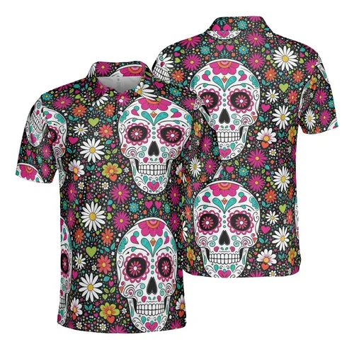 Dia de los Muertos Fan: Ornate Sugar Skulls, Daisy, Starburst Flowers, Heart Mosaic Garment Surface Men's Polo Shirt (Lightweight)