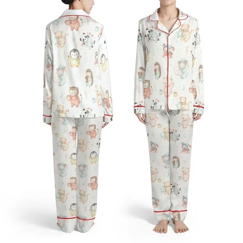 Watercolor Baby Animals Pajamas: Woodland Critters Seamless Pattern Sleep Set Satin Pajamas Set