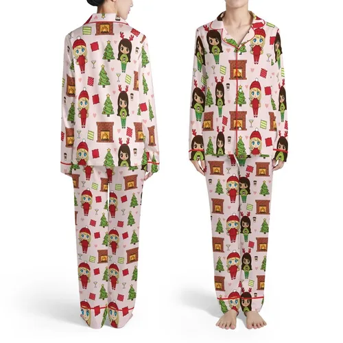 Chibi Best Friends Christmas Pajamas Clipart: Cozy Soul Sisters Pattern PNG Satin Pajamas Set