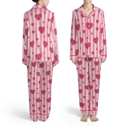 Ladies Personalized Pastel Rose Pink Vertical Stripe All-Over Heart Print Long Jersey Sleep Set Satin Pajamas Set