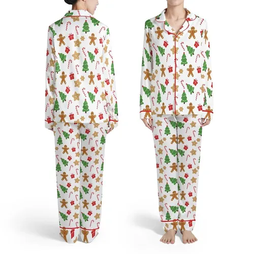 Family Matching Long Sleeve Sleep Set: Whimsical Gingerbread & Christmas Pattern - Soft Polyester Spandex Satin Pajamas Set