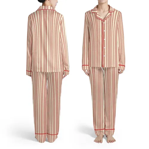 Family Christmas: Cream & Red Triple Vertical Stripe Polyester Spandex Pajamas Set Satin Pajamas Set