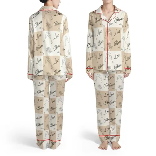 Bridesmaid Satin Pajamas: Champagne Flute & Rose Pattern – Bridal Sleep Set Satin Pajamas Set